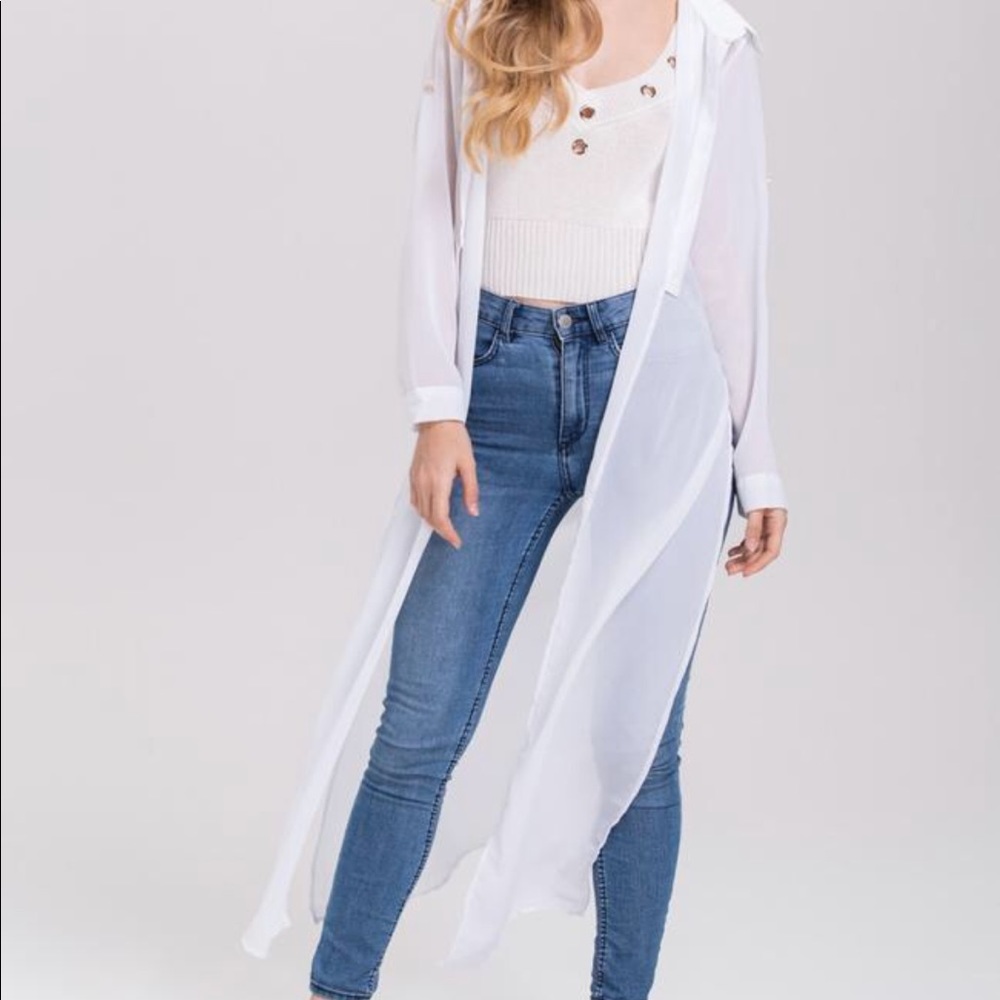 Sheer Long White Button Up Cardigan Top